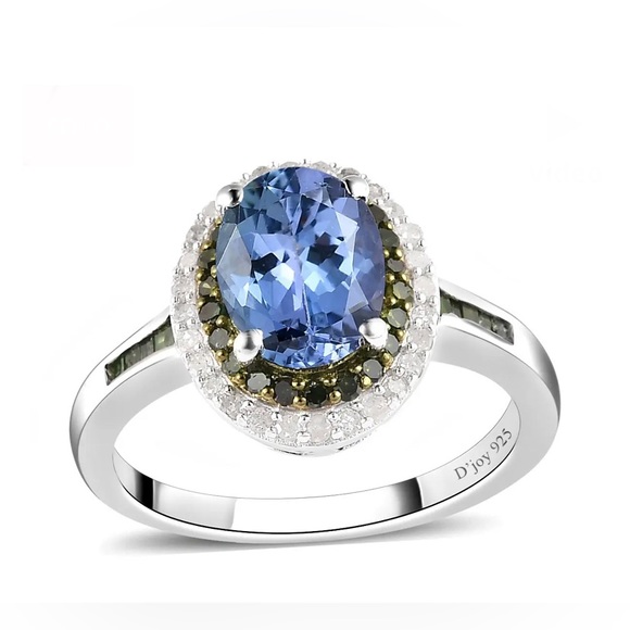 Peacock Tanzanite with Diamond Double Halo Platinum over Sterling Silver Size 8 - Picture 1 of 16